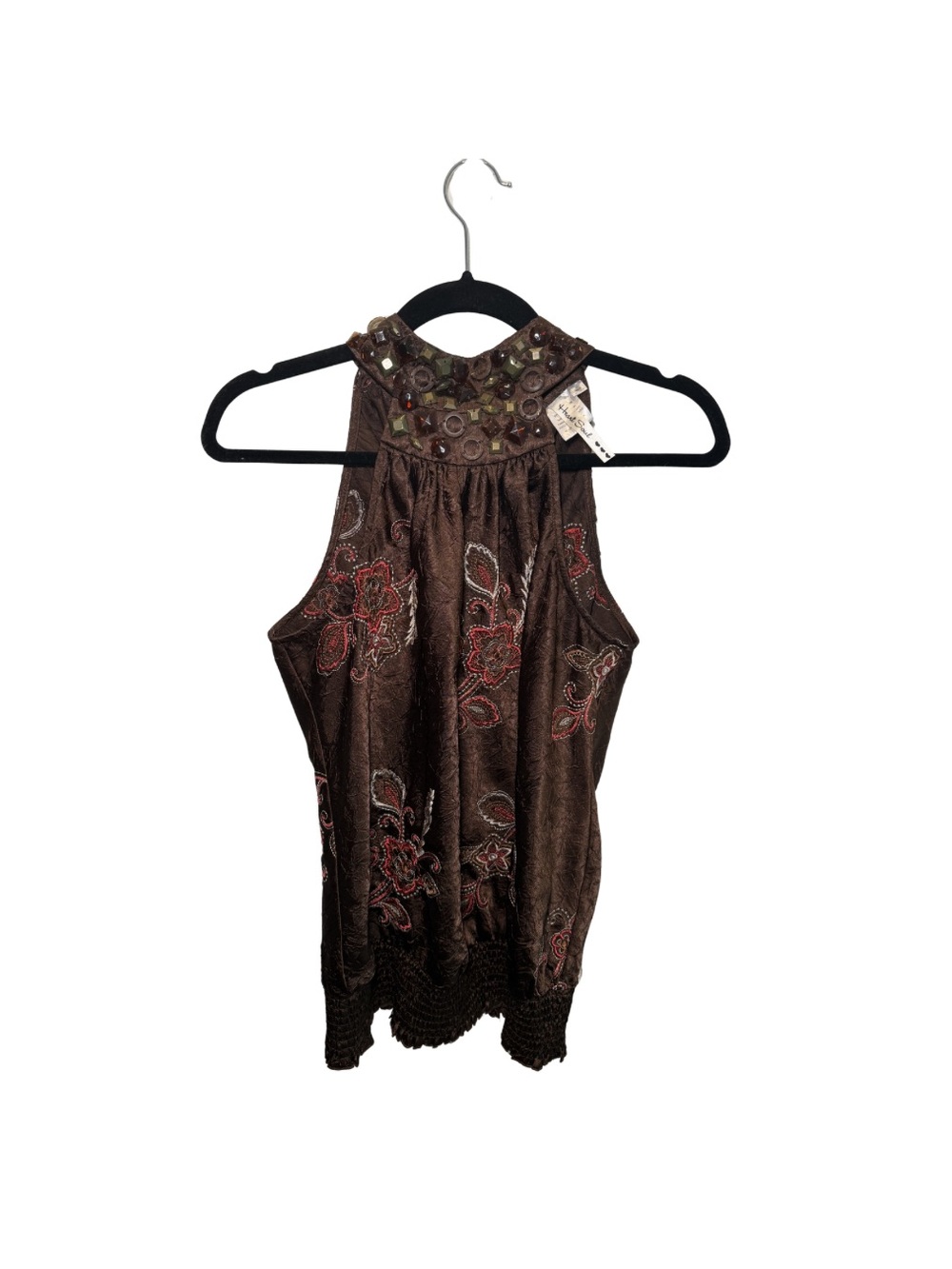 Brown Embroidered Halter Neck Women's Top